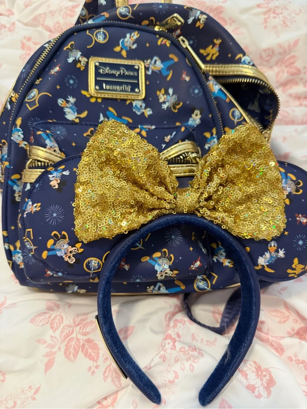 Disney Navy Kids Backpack with Gold Sequin Bow Headband